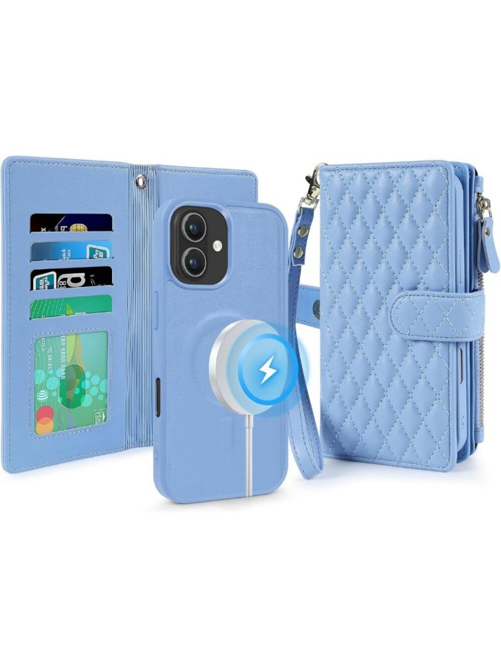 Quilted Blue Wallet Case for iPhone 15/14/13 - Stylish & Functional Protection